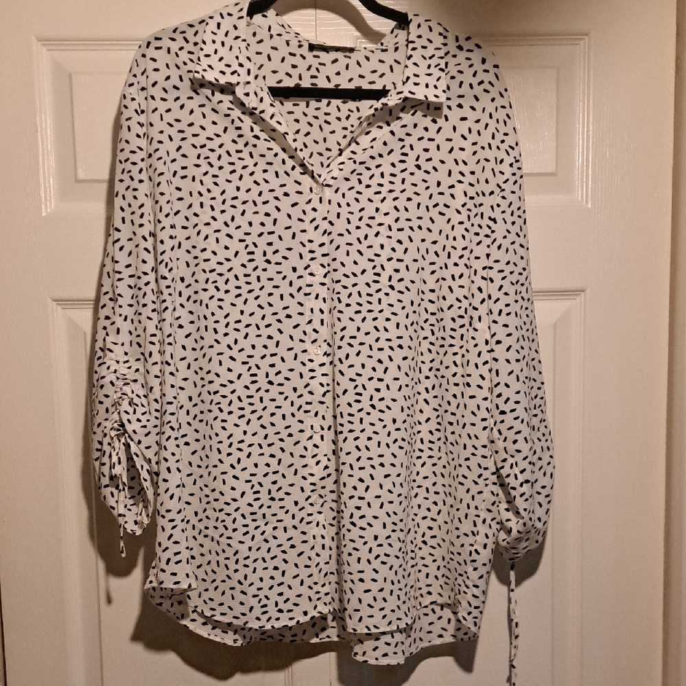 👀Mandy Evans Women's Black & White Patterned loose Blouse -Flar Tie Sleeves